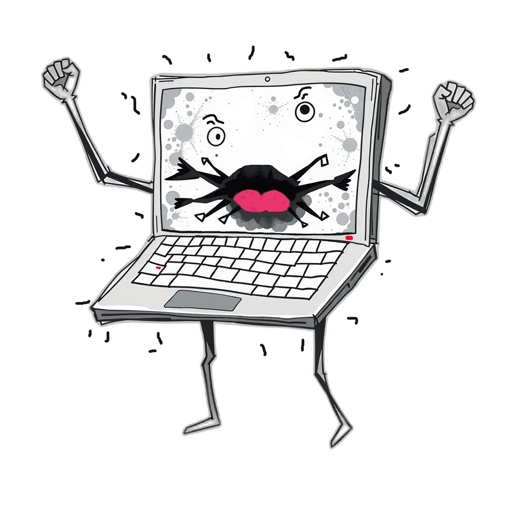 A digital illustration of an angry anthropomorphic laptop with a face for a screen