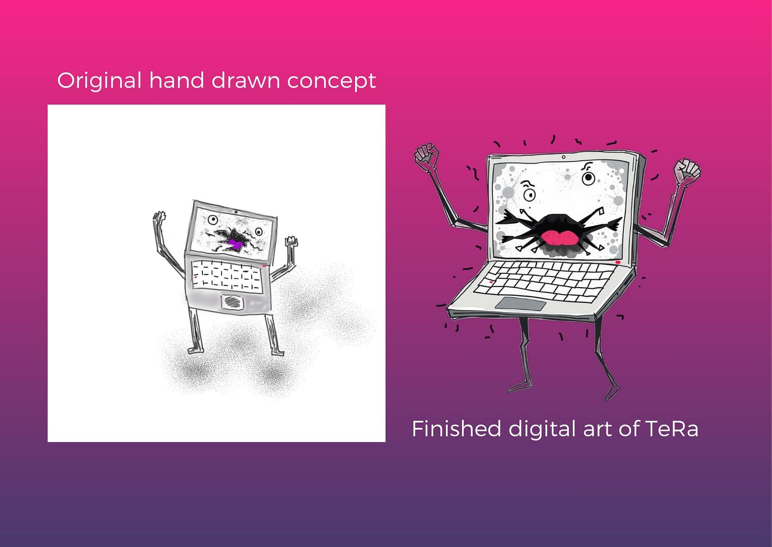 A comparison of a hand drawn angry laptop with the finished digital art version